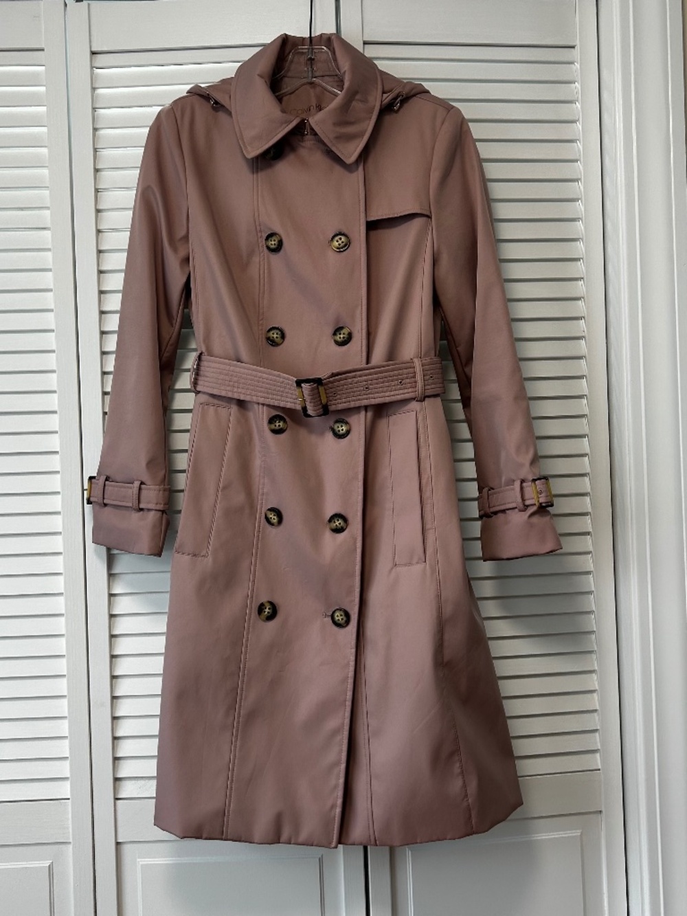 Calvin Klein Double Breasted Hooded Trench Coat Dusty Rose Pink XS
